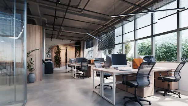 Office interior with warm neutral wall colors, sleek black trims, and natural wood accents by a painting company in Hutchinson Island, FL.