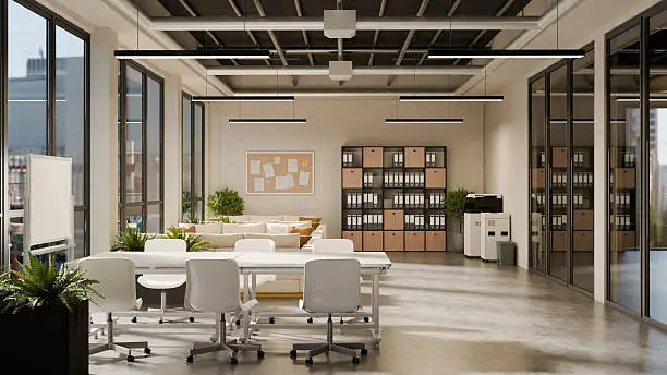 Office interior with soft beige wall colors and crisp white trims by a painting company in Hutchinson Island, FL.
